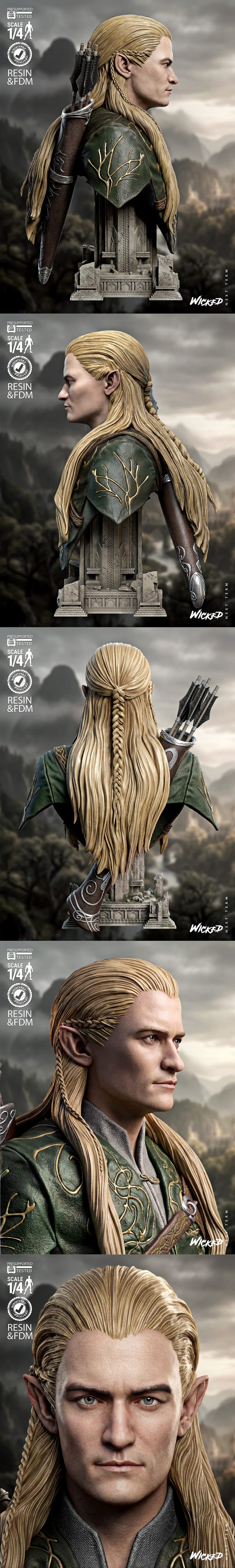 1:4 scale bust of Legolas from The Lord of the Rings, featuring blonde hair, pointed ears, green tunic with gold trim...