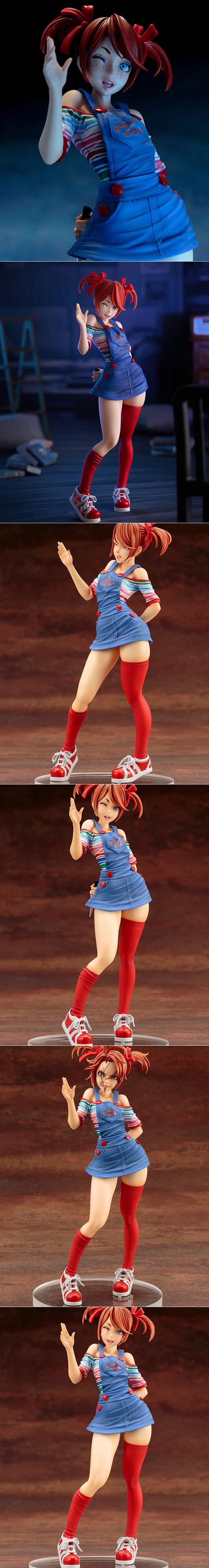 Chucky Girl Bishoujo figure with red pigtails, stitched face, blue overalls, and striped shirt, posed dynamically.
