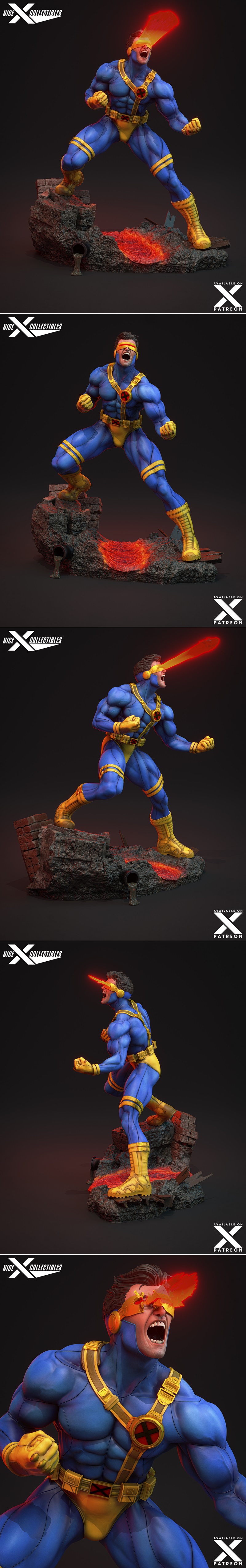 Cyclops figure in blue and yellow costume, mid-action with optic blast firing from visor, standing on a lava-filled r...