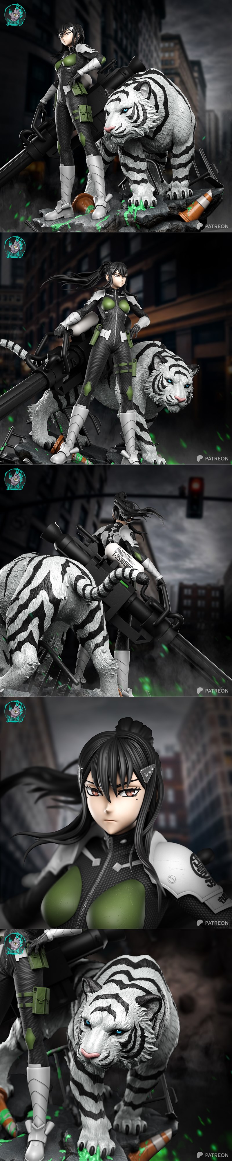 Female character in a black and green sci-fi suit stands with a white tiger, holding a large weapon. Urban background...