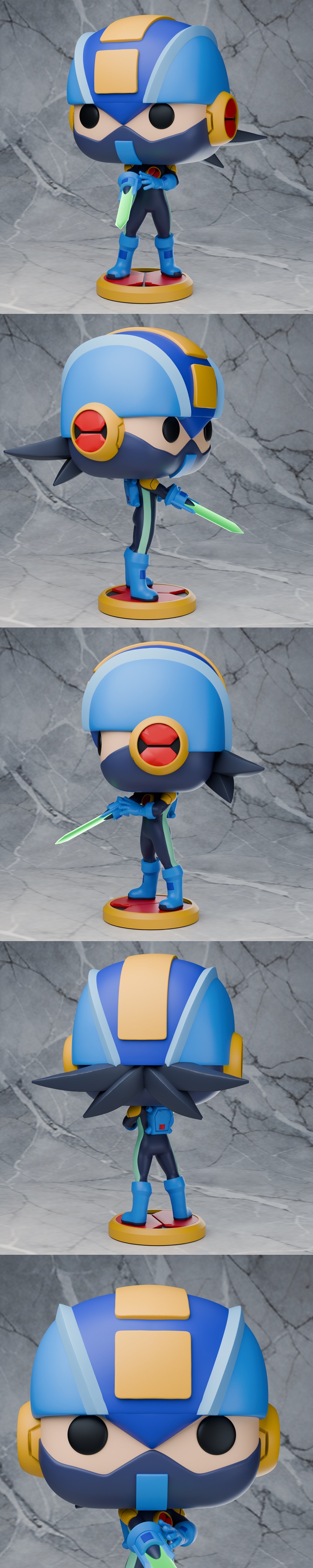 Chibi Rockman figure with blue helmet and armor, holding a green energy sword, standing on a circular base. Stylized...