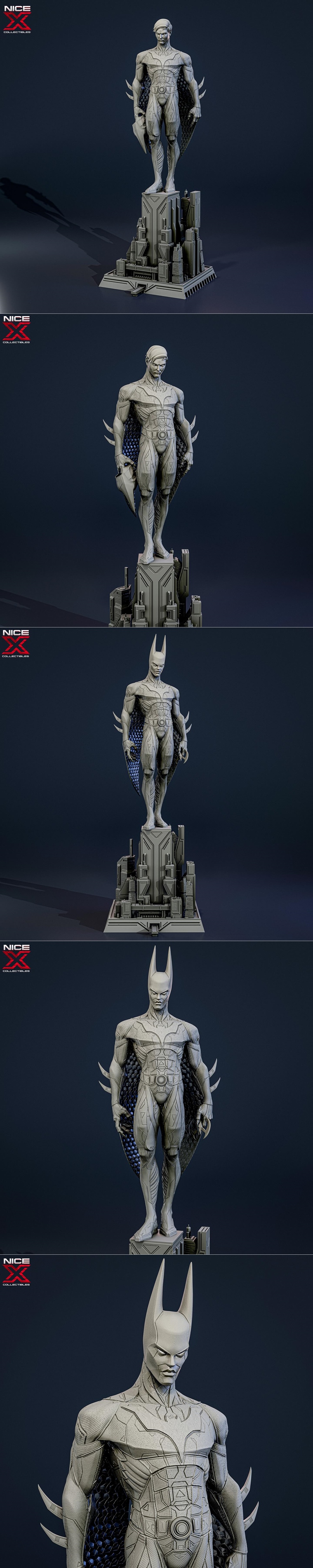 Full-body 3D model of Batman Beyond standing on a cityscape base, with a second smaller figure to the right. Both fig...