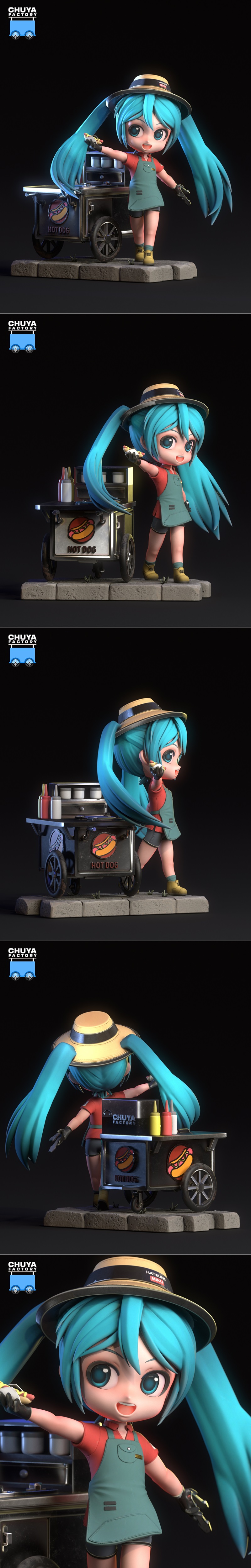 Chibi Hatsune Miku figure wearing a straw hat and apron, holding a hot dog and an ice cream cone, with a rainbow and...