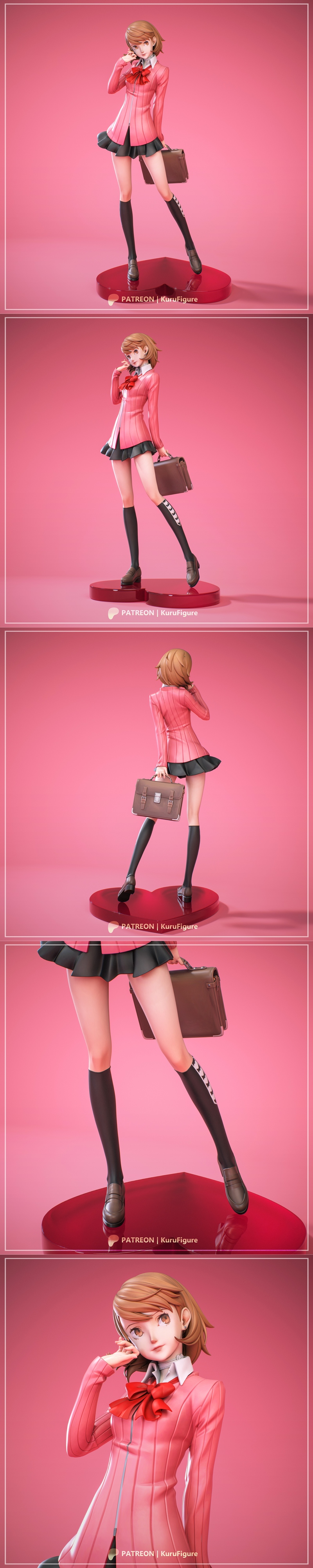 Yukari Takeba from Persona in a pink school uniform with a red bow tie and black skirt, holding a brown briefcase. Ku...