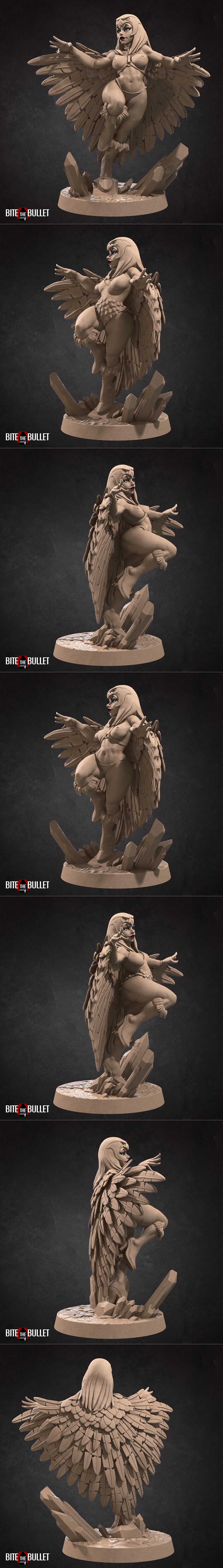 Bite the Bullet studio's Marina, the Sorceress 3D model figure with large feathered wings spread, wearing minimal fea...
