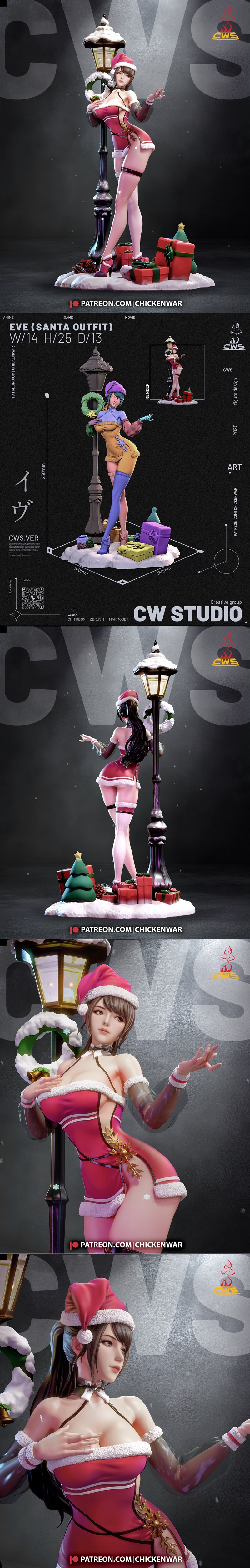 Eve from Stellar Blade in a festive Christmas outfit, posing by a snow-covered lamppost with gifts and a Christmas tr...