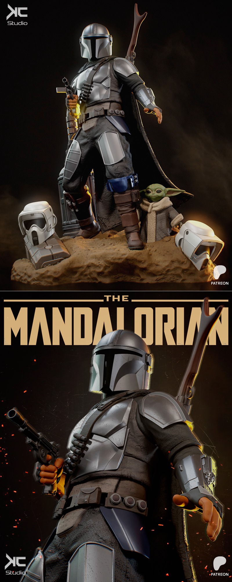 The Mandalorian figure with Grogu, holding a blaster and rifle, standing on a sandy diorama base with scout trooper h...