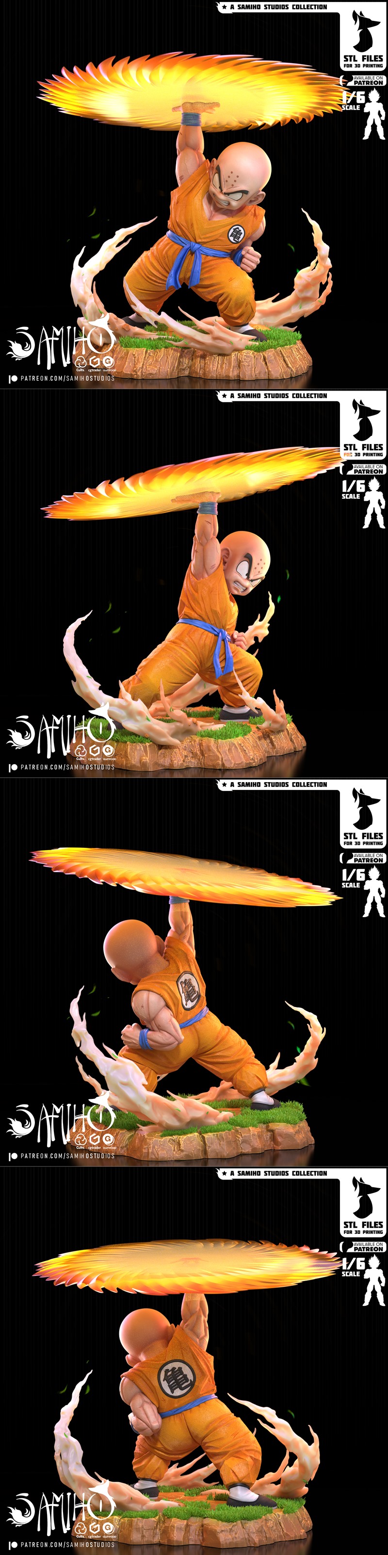 Krillin from Dragon Ball performing a Kienzan attack, holding a spinning energy disc above his head. He wears an oran...