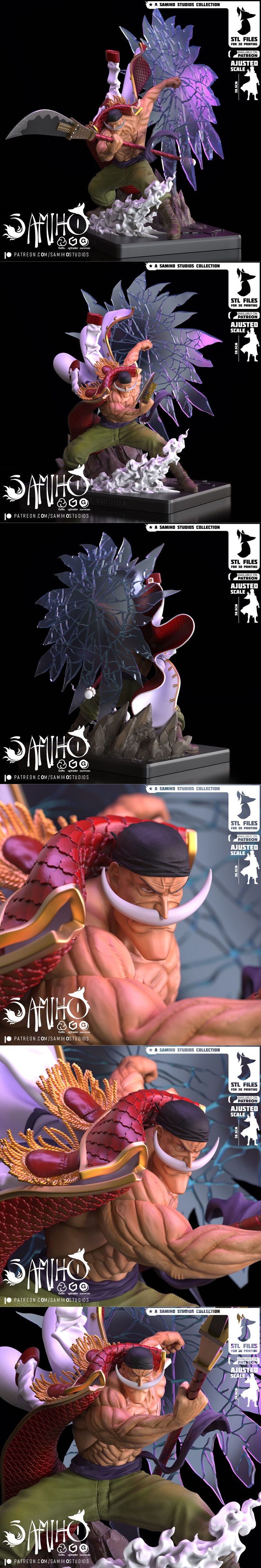 Whitebeard from One Piece in a dynamic pose, wielding a large weapon and surrounded by ice effects. Samiho Studios 3D...