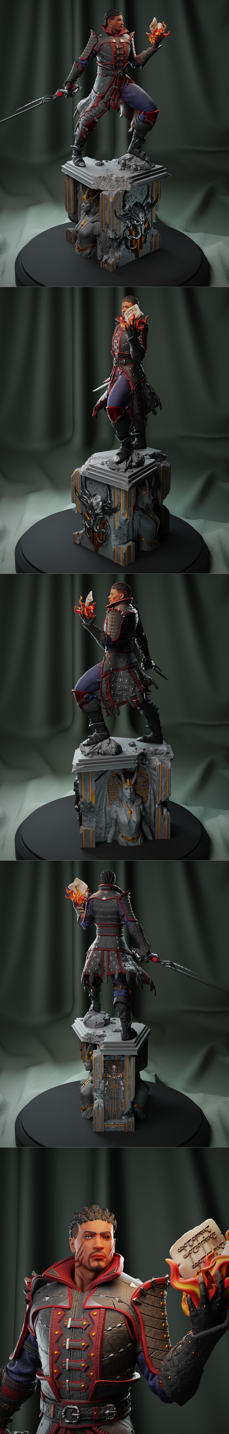 3D model of Wyll Revengard from Baldur's Gate 3, holding a flaming scroll and sword, wearing detailed fantasy armor,...