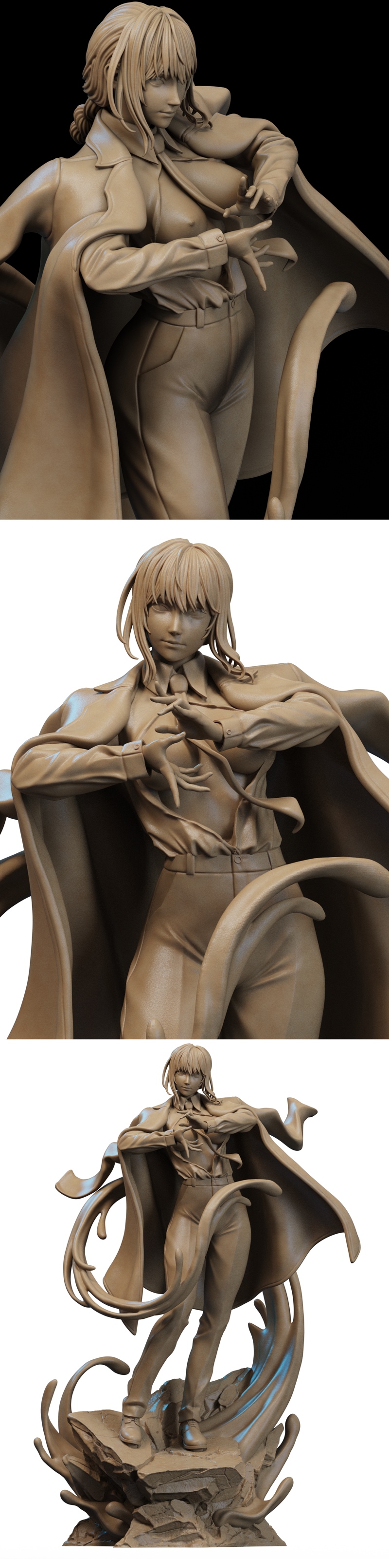 CA 3D Studios Makima NSFW version 3D model figure, woman in unbuttoned shirt, coat, and pants, suggestive pose.