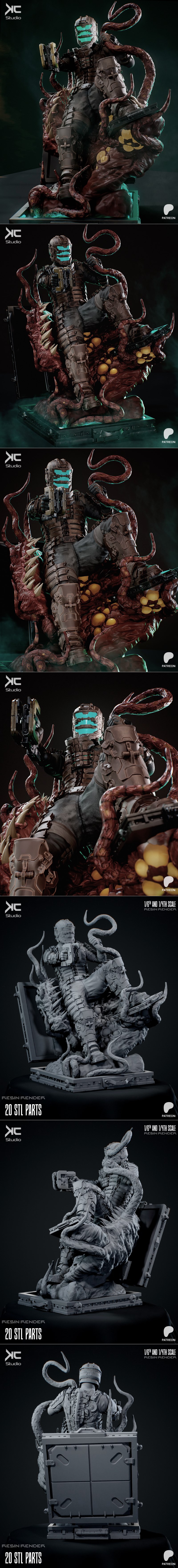 Isaac Clarke in Dead Space engineering suit firing plasma cutter, surrounded by tentacles and debris.