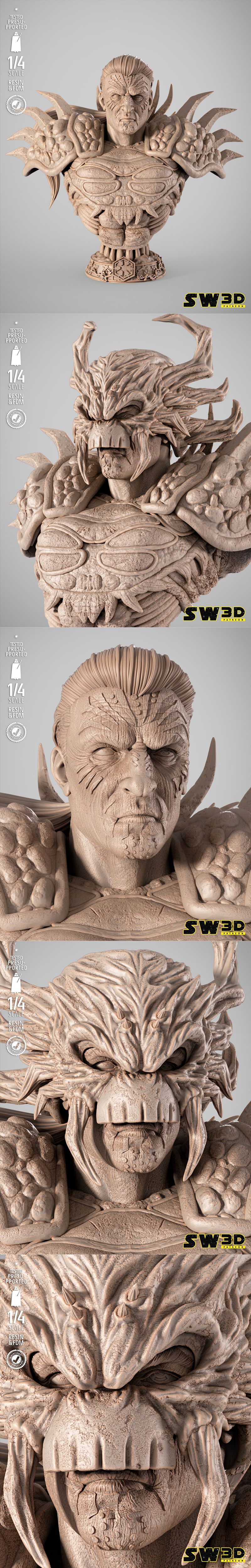 SW3D Darth Krayt portrait bust 3D model, 1/4 scale, detailed armor, horned helmet, Imperial insignia base.