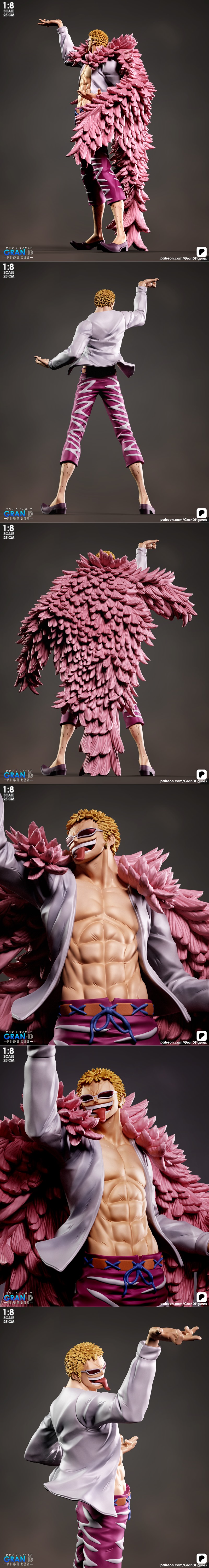 1:8 scale 3D print model of Donquixote Doflamingo from One Piece, wearing a pink feather coat, sunglasses, and purple...