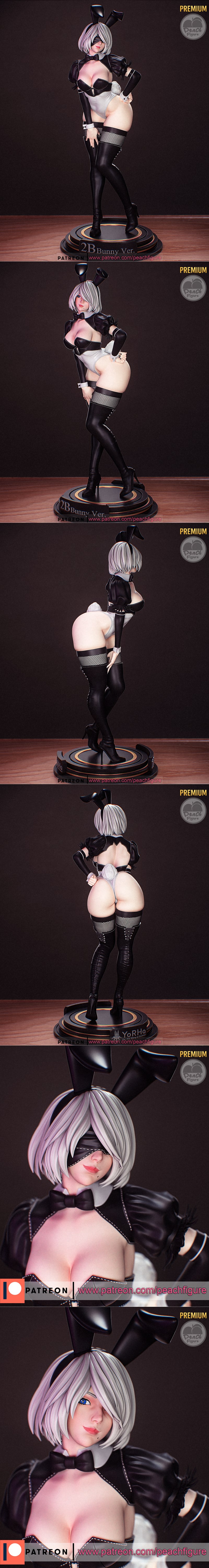 2B from Nier Automata in a black and white bunny suit, silver hair, black bunny ears, fishnet stockings, and high hee...