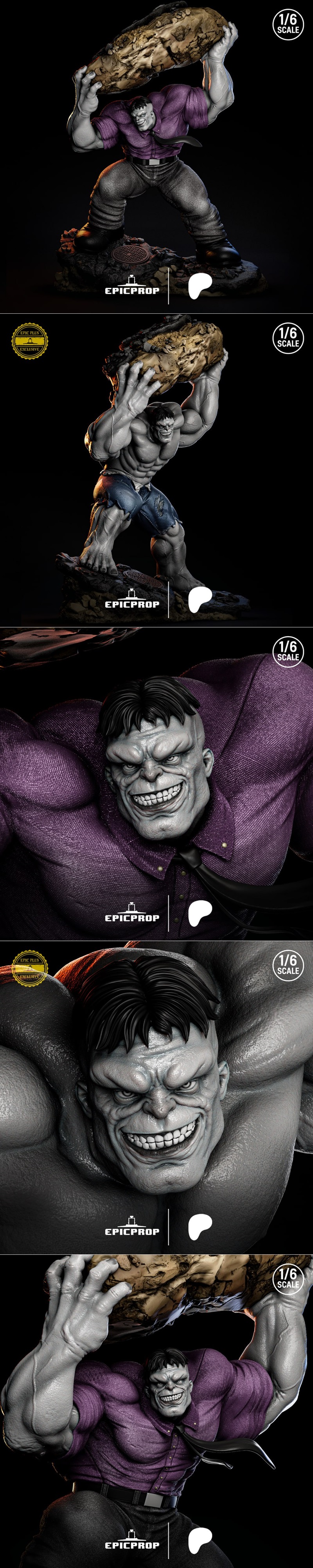 1/6 scale 3D model of the Hulk, wearing a purple shirt and tie, lifting a large rock. Muscular figure with grey skin...