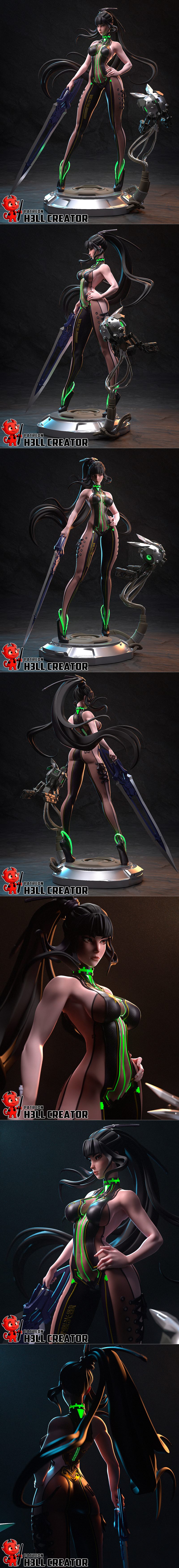 Sci-fi female character Eve in a black and neon green futuristic bodysuit, holding a weapon. Long black hair, dynamic...