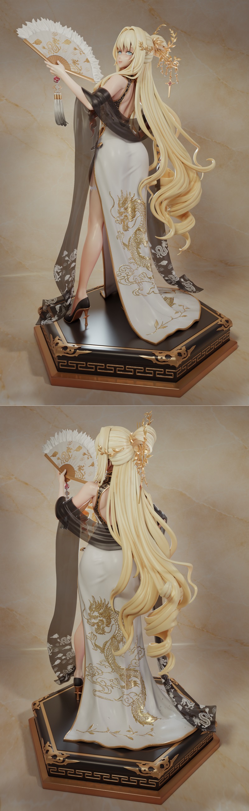 Elegant blonde figure in a high-slit cheongsam with golden dragon embroidery, holding a fan. Features ornate headwear...