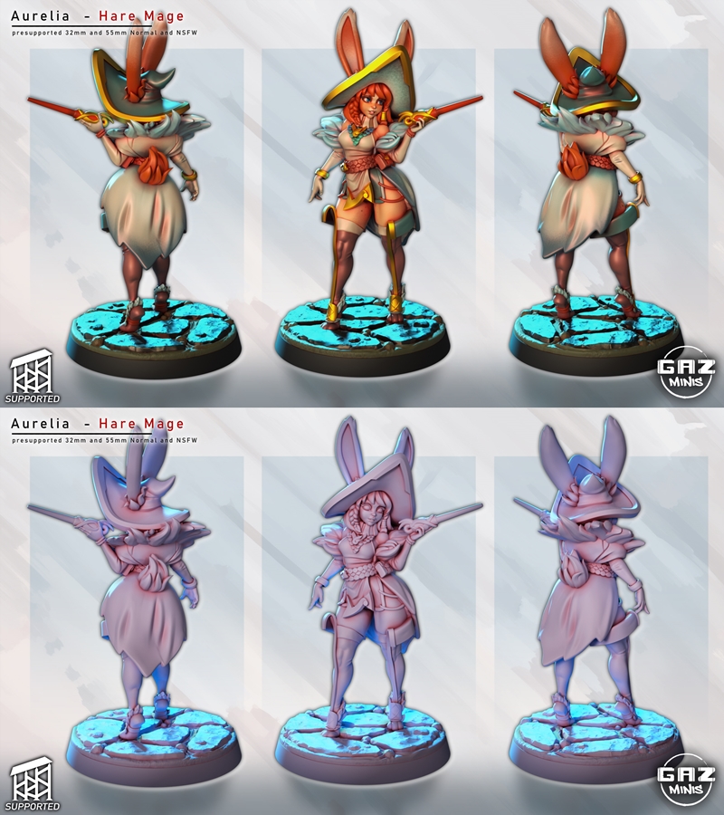 A 3D printable figure of Aurelia Hare Mage by Gaz Minis, featuring bunny ears, a witch hat, and a magical staff, pose...