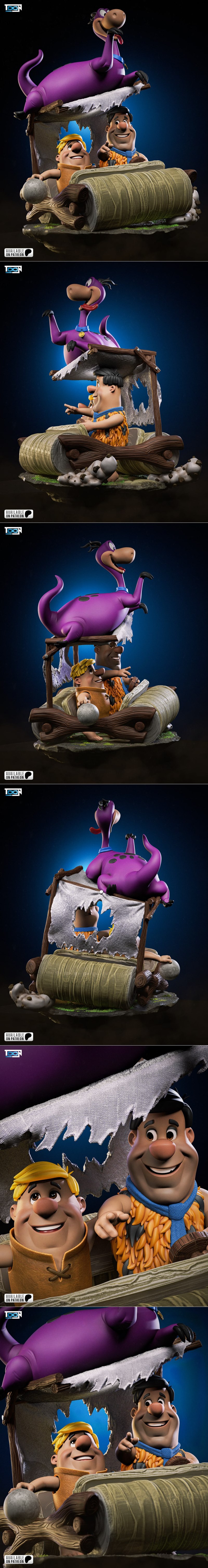 Dino the purple dinosaur rests on a wooden structure above Fred Flintstone and Barney Rubble in a stone-age vehicle,...