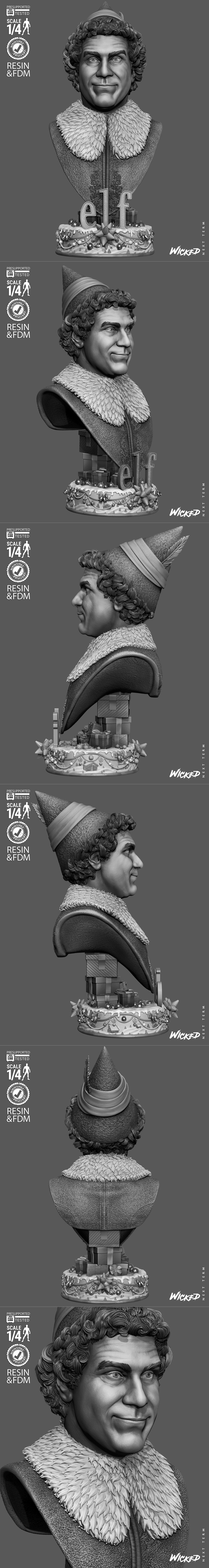 Bust of Buddy the Elf from the movie Elf, wearing a green suit and hat, with a festive base. 1:4 scale, pre-supported...