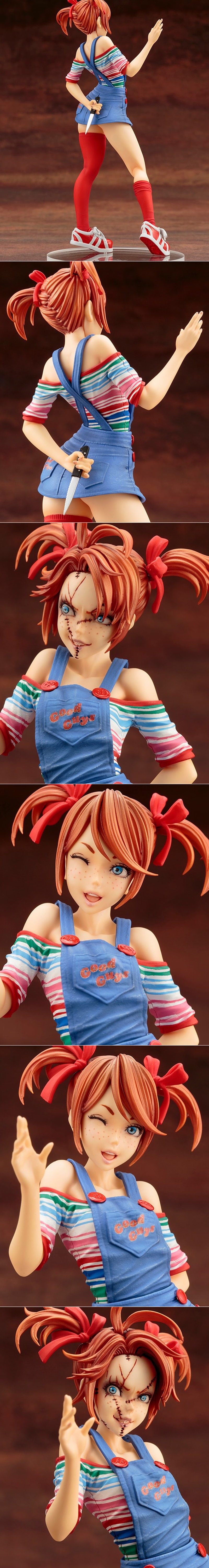 Chucky Girl Bishoujo figure with red pigtails, stitched face, blue overalls, and striped shirt, posed dynamically.