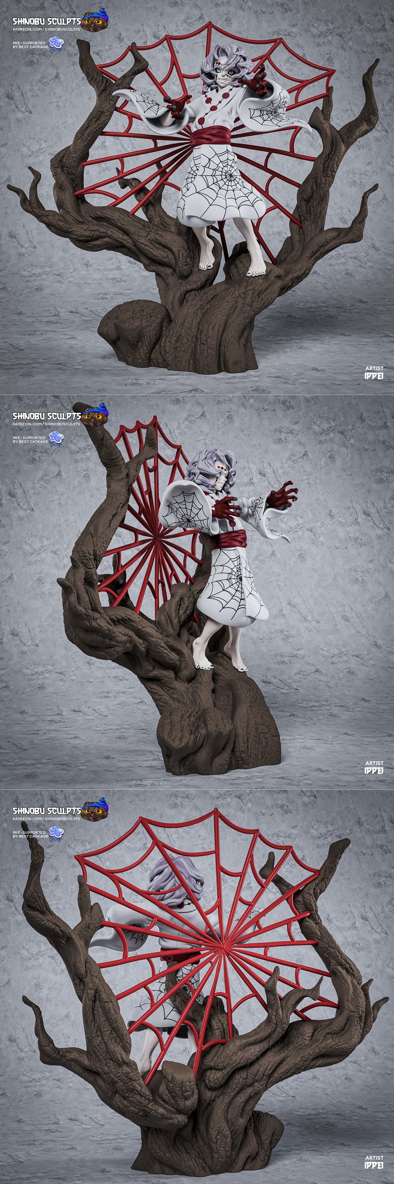 3D model of Rui from Demon Slayer, a pale figure in white and red robes with spiderweb patterns, posed amidst a large...