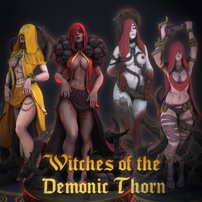 Four female fantasy figures: one in a yellow hooded robe with gold chains, one in a red outfit with a collar of baby...