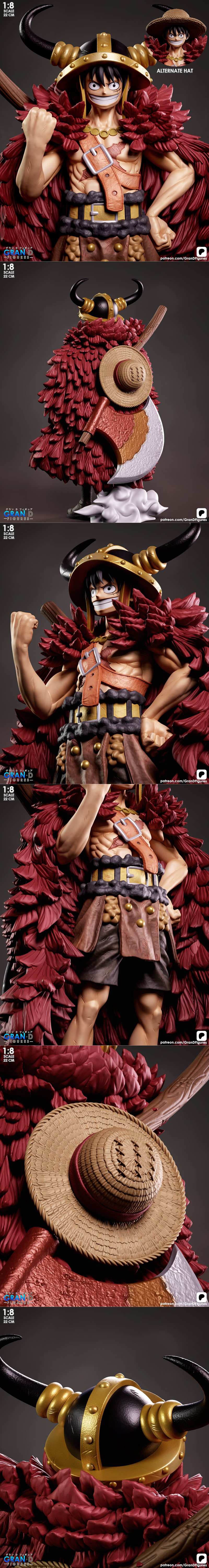 1:8 scale 3D print figure of One Piece's Luffy in Elbaf attire, wearing a horned helmet and red feathered cloak.