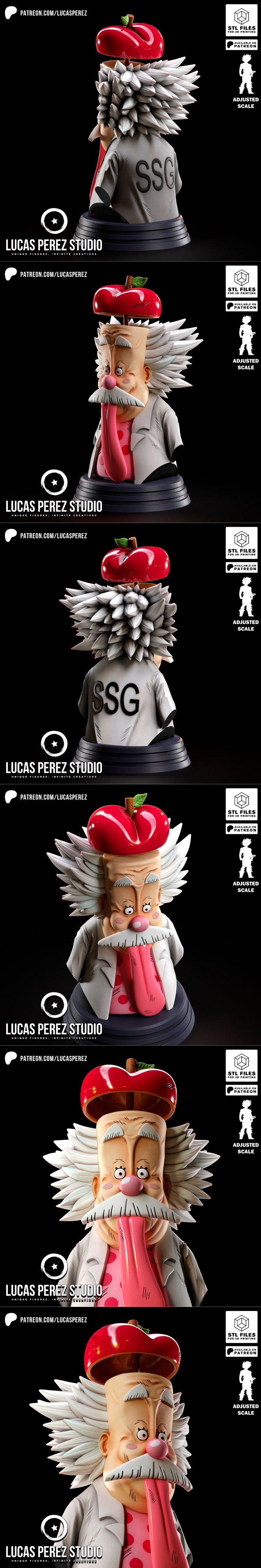 3D printable bust of Vegapunk from One Piece, featuring a long pink tongue, white lab coat, and a red apple on his he...