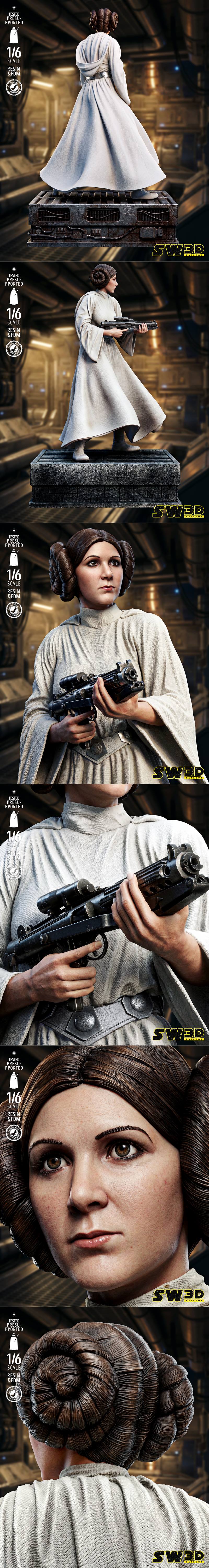 1/6 scale 3D printable figure of Leia Organa in white dress, holding a pistol, standing on a detailed industrial base...