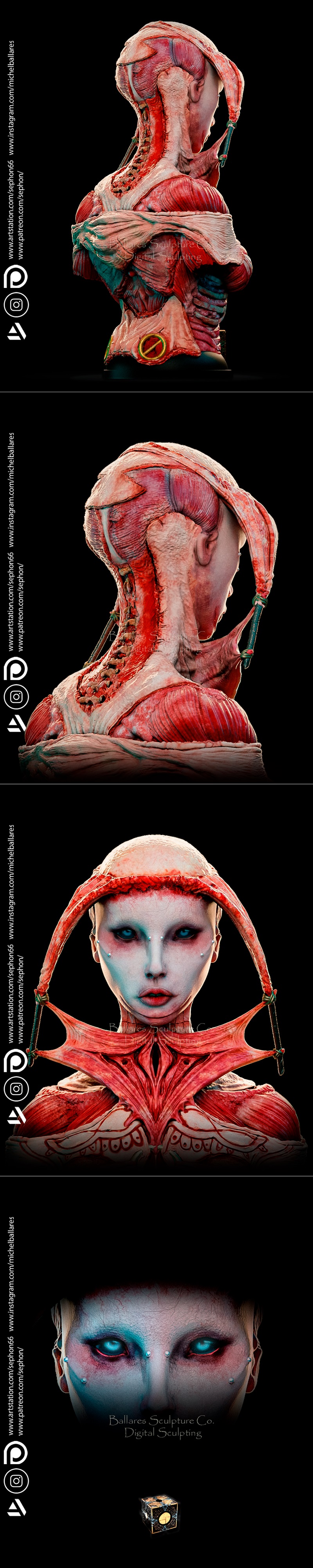 Bust of The Gasp from Hellraiser, featuring exposed musculature, pale skin, glowing blue eyes, and a Lament Configura...