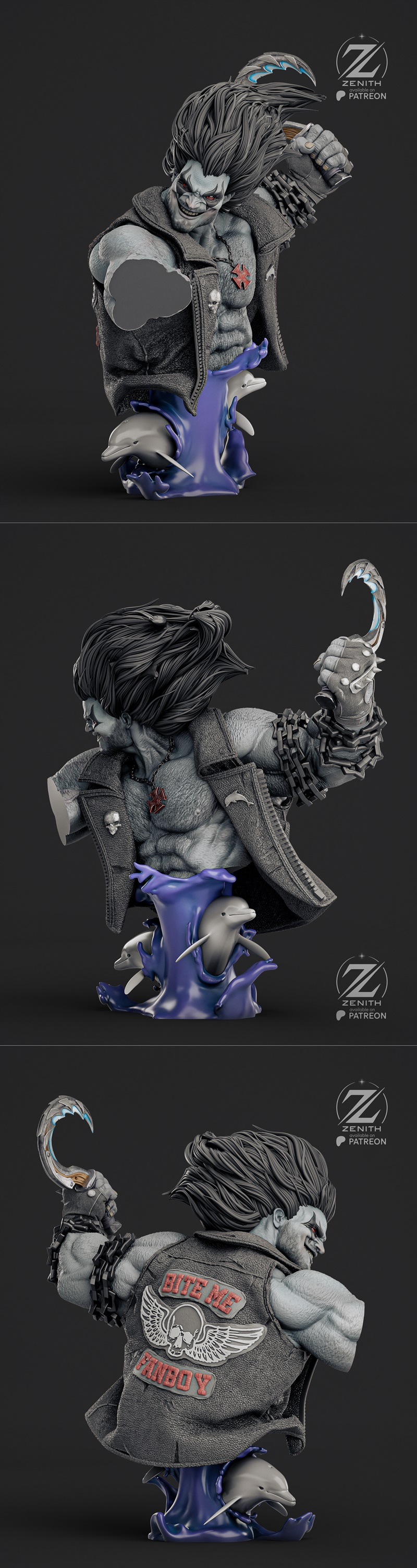 Zenith Studios 3D printable bust of Lobo, a muscular anti-hero with wild hair, chains, and a hook weapon, wearing a l...