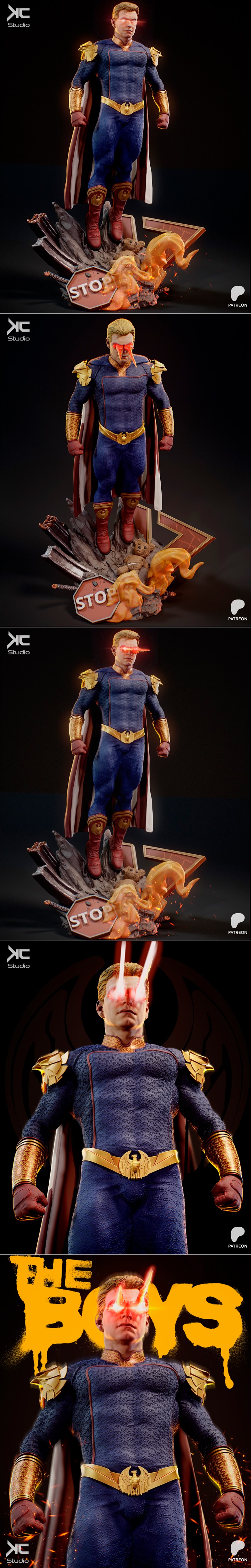 3D model of Homelander from The Boys, standing heroically with red laser eyes, wearing his blue and gold suit and red...