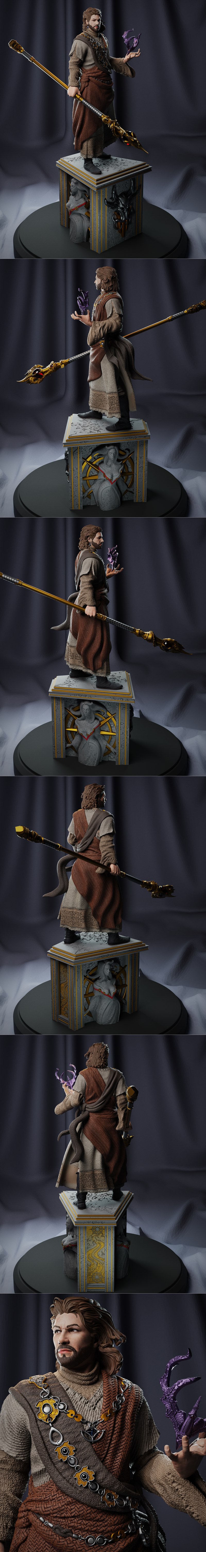 3D printable figure of Gale from Baldurs Gate 3, holding a golden staff and purple magic, standing on a pedestal with...