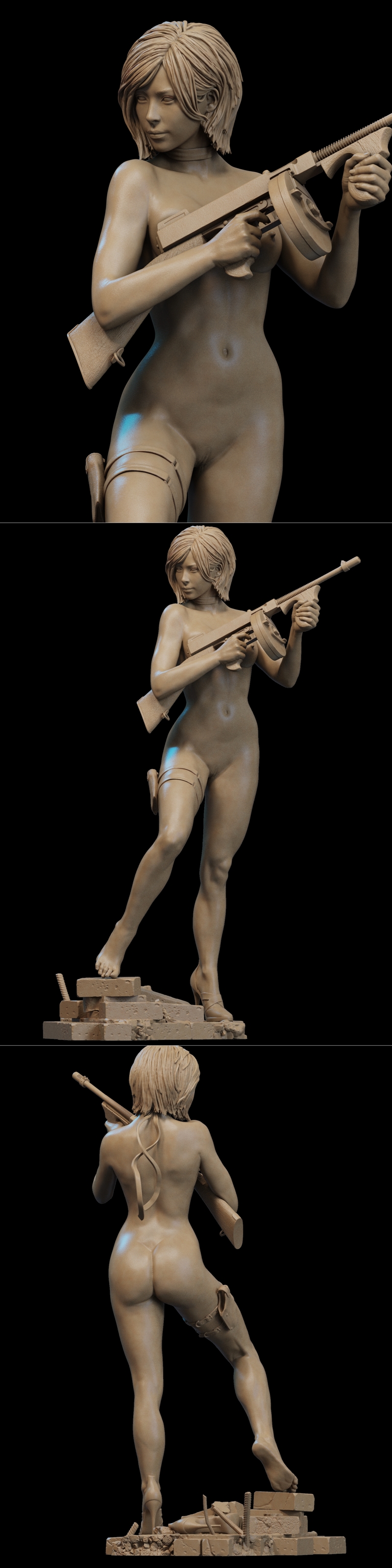 Nude Ada Wong character model holding a Thompson submachine gun, with a thigh holster. Detailed sculpt by CA 3D Studios.