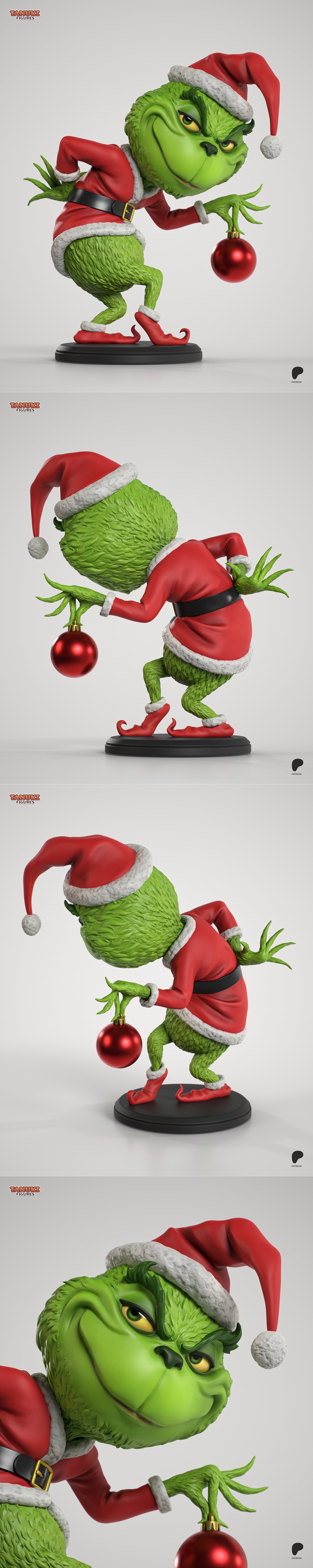 Chibi Grinch figure in Santa outfit holding a red Christmas ornament, posed mischievously on a black base. Tanuki Fig...