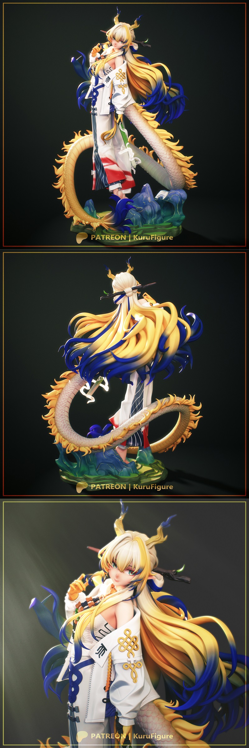3D model of Shu, a dragon girl with blonde hair, blue accents, and golden horns, wearing ornate white and gold clothing.
