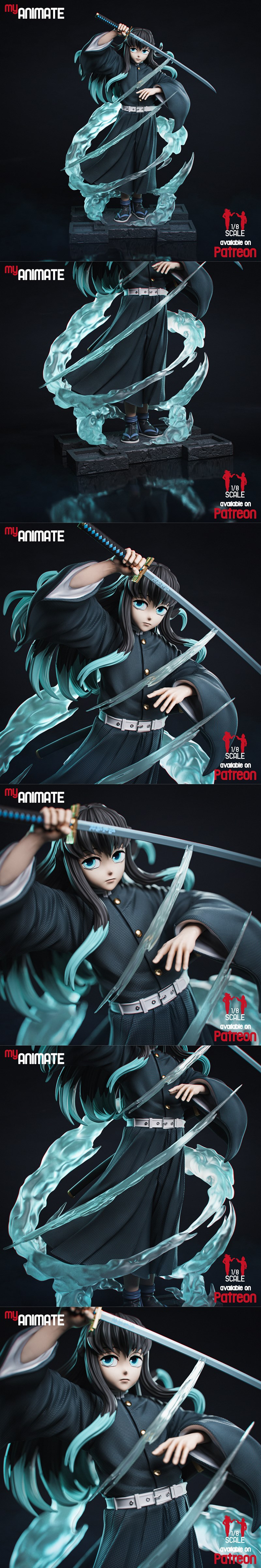Tokito from Demon Slayer anime figure, 1:8 scale, holding a katana with swirling water effects, wearing a black unifo...