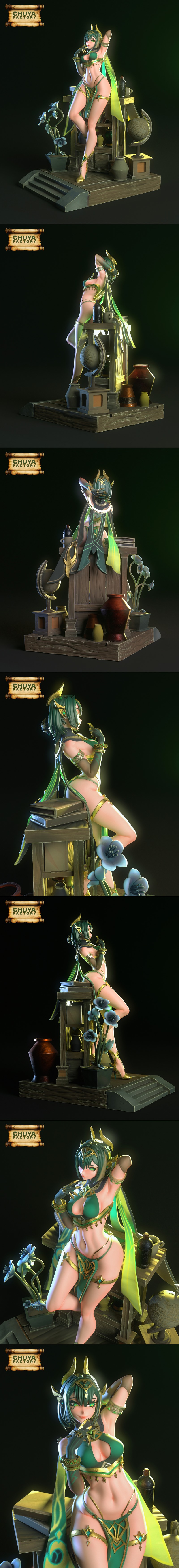 Anime-style 3D model of Nefer by Chuya Factory, wearing a revealing green and gold bikini with ornate armor, golden h...