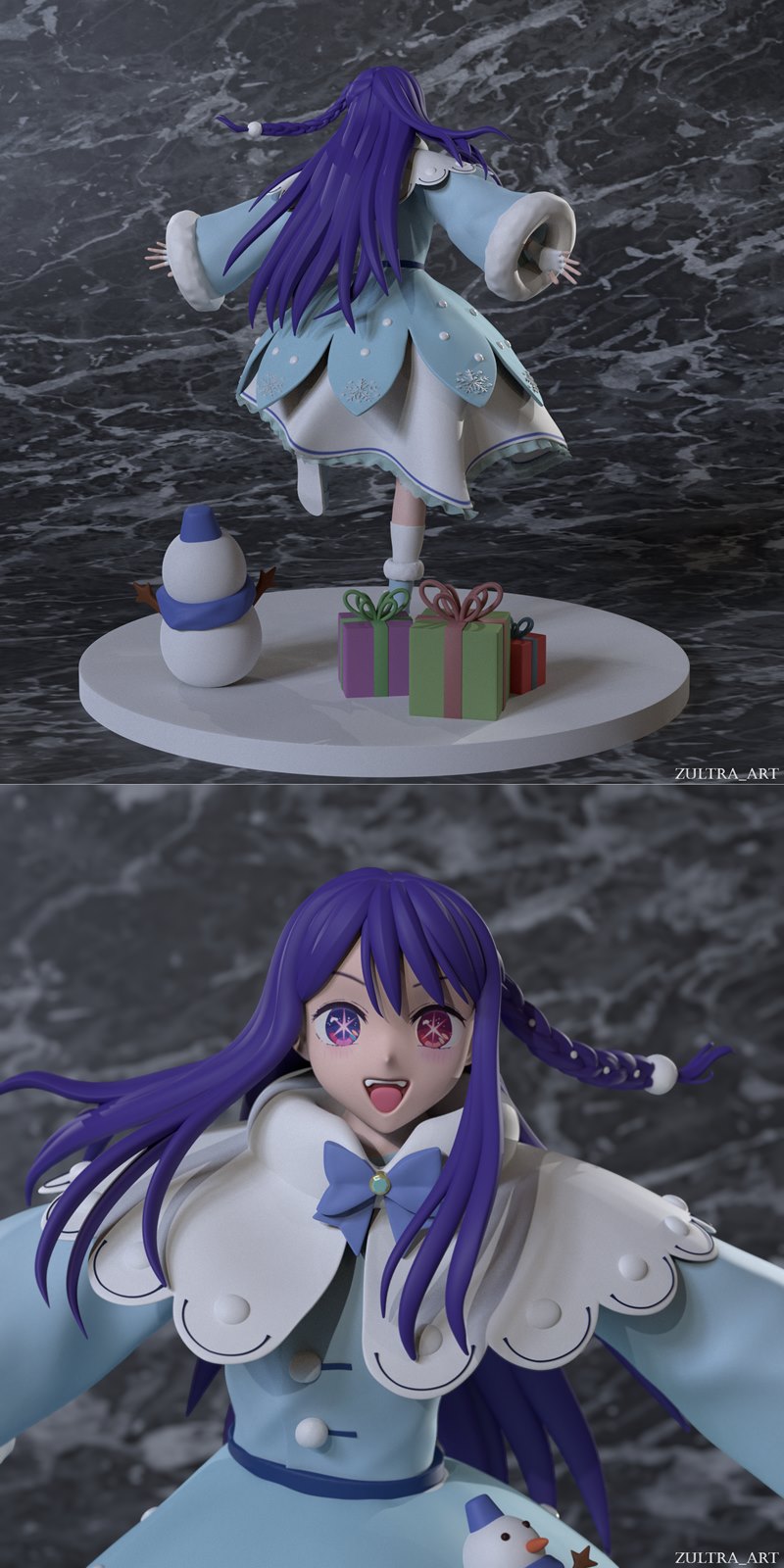 Ai Hoshino from Oshi no Ko in a Christmas outfit, holding a snowman, with gift boxes on a display base. Designed by Z...