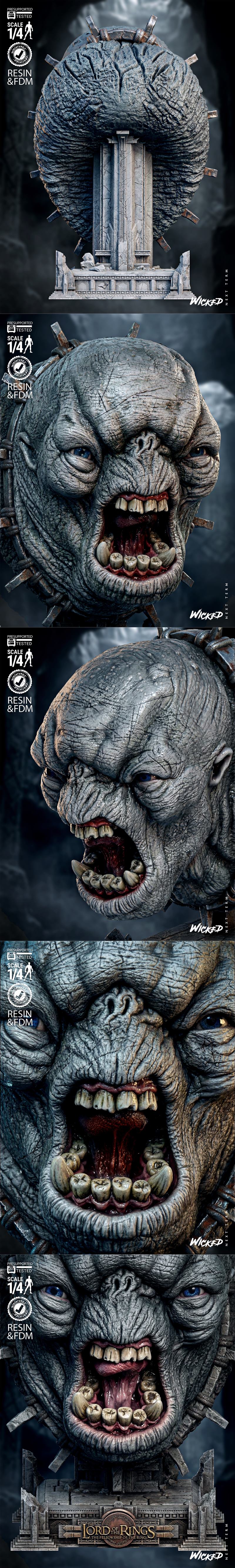 Close-up of a 3D printable troll bust from The Lord of the Rings, featuring a snarling face, blue eyes, and spiked he...