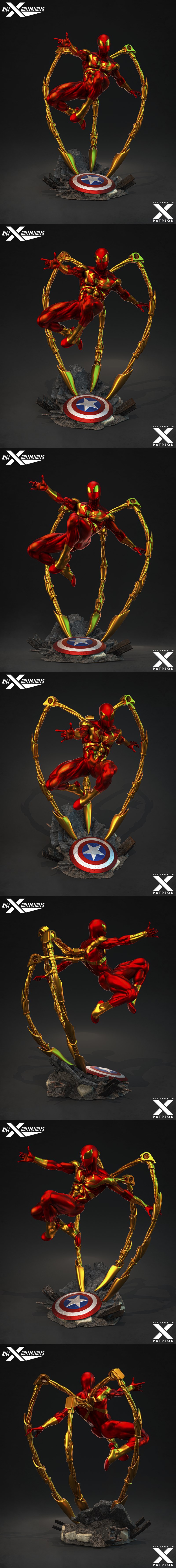 1/6 scale Iron Spider 3D model in a dynamic leaping pose with mechanical spider-legs extended, standing on a base wit...