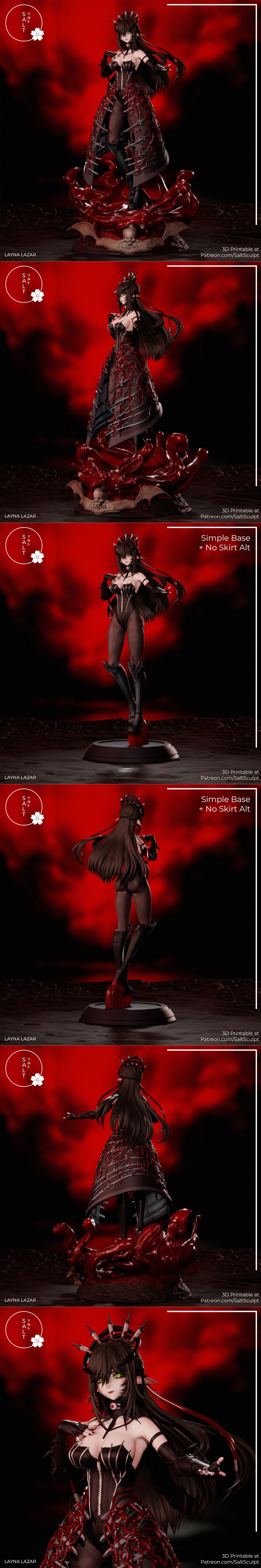 Layna Lazar VTUBER 3D model figure by SaltSculpt, wearing a gothic black and red dress with thorny accents and a crow...