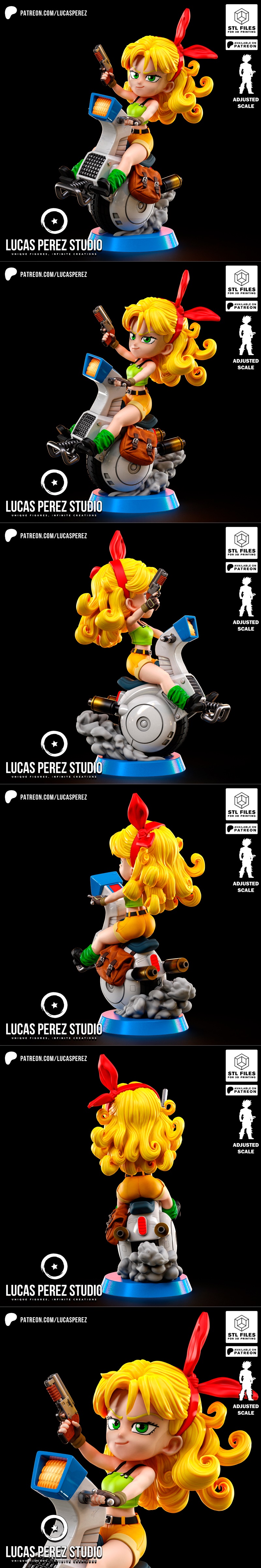 Chibi-style 3D model of Launch from Dragon Ball riding a scooter and holding a pistol. Blonde hair with red ribbon, g...