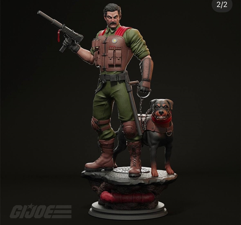 Mutt, a G.I. Joe character in tactical gear with a rifle, stands beside his Rottweiler, Junkyard, on a rocky base. Mi...