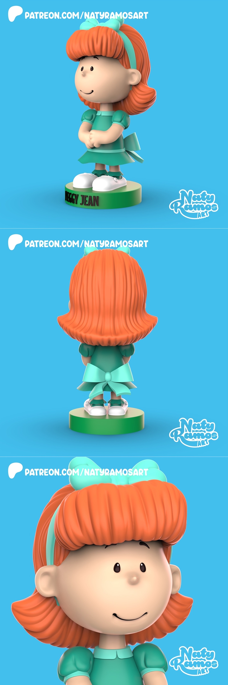 3D model figure of Peggy Jean from Peanuts, with orange hair, blue bow, and green dress, standing on a base.