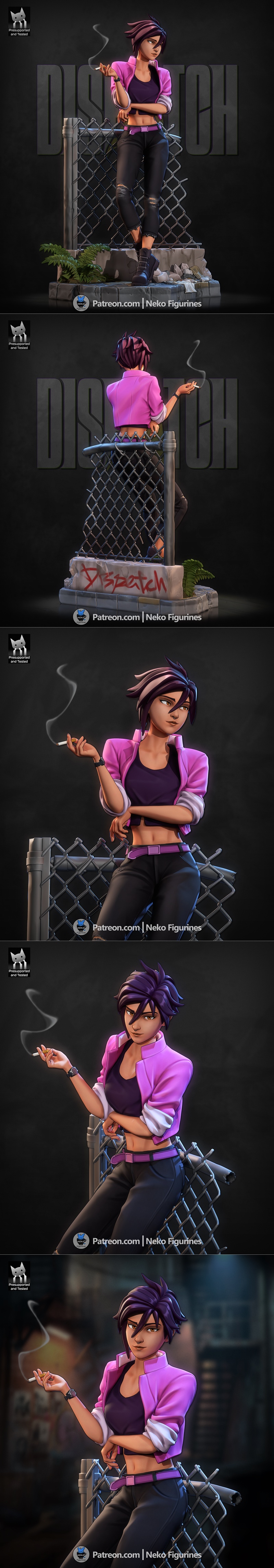 3D model of a woman in a pink jacket and ripped jeans, leaning on a chain-link fence and smoking.