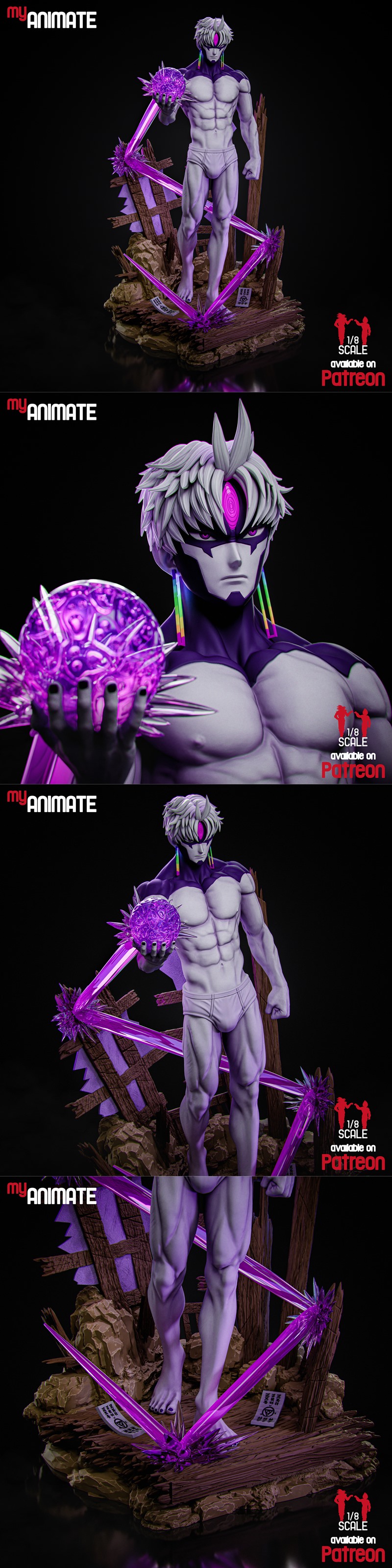 Muscular male Jiji Evil Eye from Dandadan anime, holding a glowing orb, surrounded by purple crystals and debris. By...