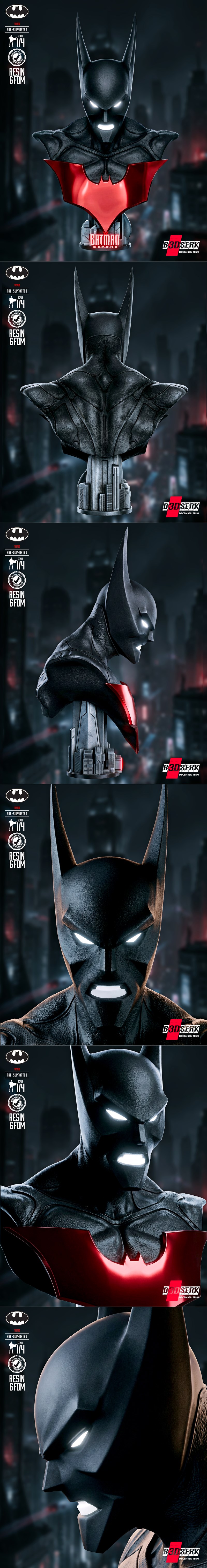 Batman Beyond bust portrait with glowing eyes and sharp ears, featuring the red and black logo on a cityscape base. M...
